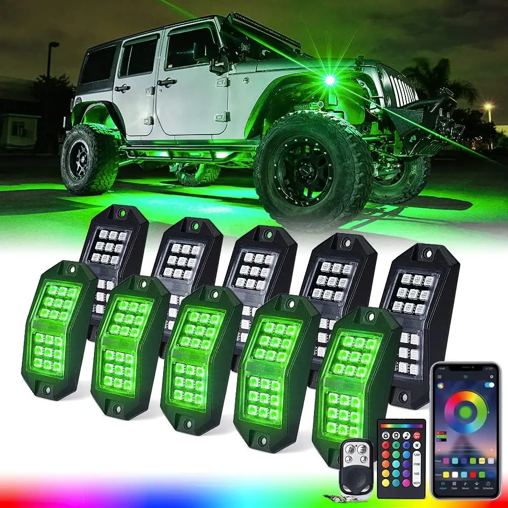 Jeep Rock Lights 10 Pods Wide Angle Bluetooth RGB LED Rocklights Kit, Neon Lighting Footwell Underglow Kits w/Wireless Remote
Jeep Rock Lights 10 Pods Wide Angle Bluetooth RGB LED Rocklights Kit, Neon Lighting Footwell Underglow Kits w/Wireless Remote