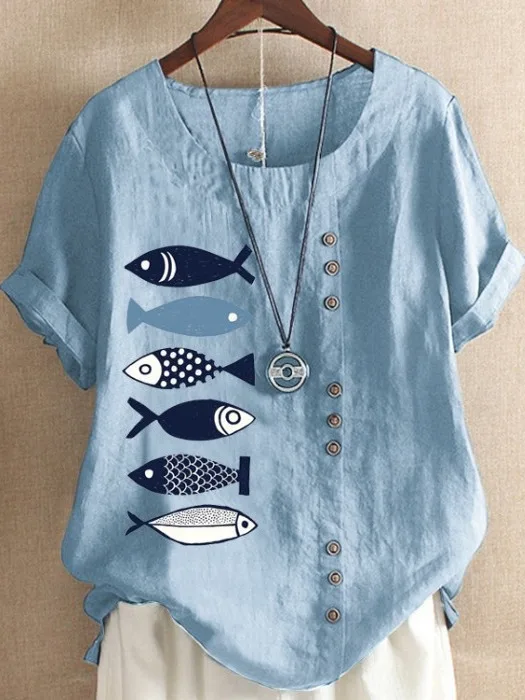 Summer Casual Cotton Linen Women's T-shirt Short Sleeve round Neck Print Loose Fit Artistic Style Commute Fashion Shirt
Summer Casual Cotton Linen Women's T-shirt Short Sleeve round Neck Print Loose Fit Artistic Style Commute Fashion Shirt