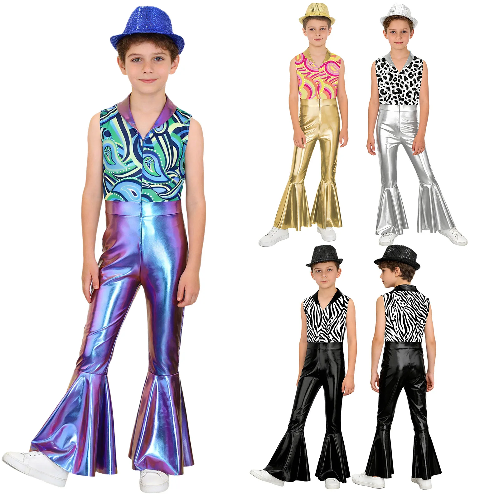 Boys Disco Party Outfit 2Pcs Set Metallic Sleeveless Top Flare Pants & Sequins Fedora Hat Halloween Cosplay Costume
Boys Disco Party Outfit 2Pcs Set Metallic Sleeveless Top Flare Pants & Sequins Fedora Hat Halloween Cosplay Costume