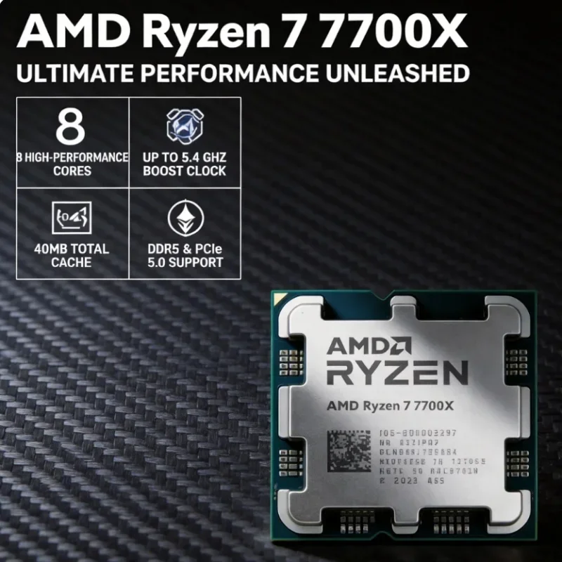 AMD Ryzen 7 7700X Original Tray Processor No Cooler 8 Core 16 Thread 5.4GHz Unlocked Gaming CPU AM5 Socket 32MB Cache
AMD Ryzen 7 7700X Original Tray Processor No Cooler 8 Core 16 Thread 5.4GHz Unlocked Gaming CPU AM5 Socket 32MB Cache