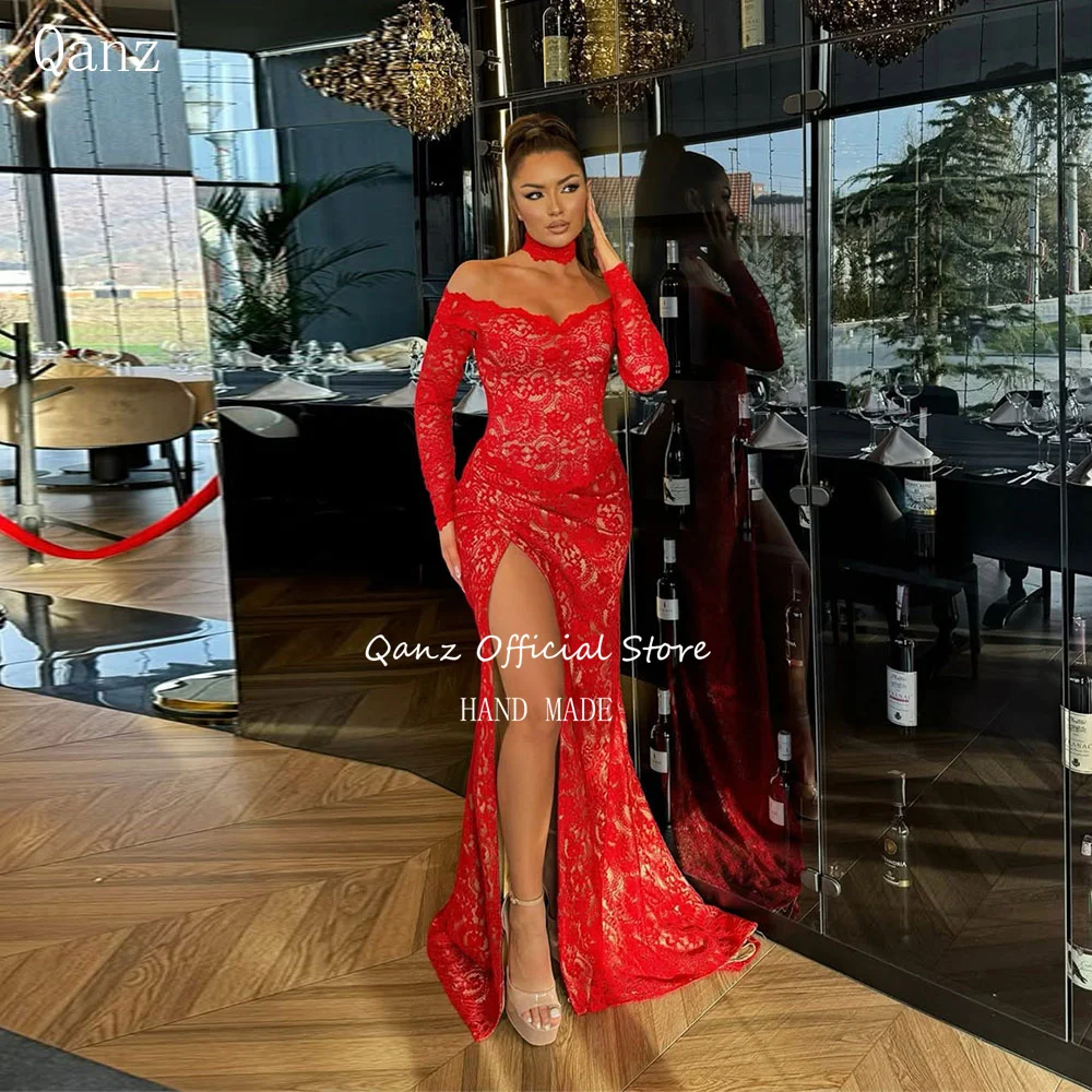 Qanz Modern Lace Evening Dresses Off The Shouder Long Sleeves Party Dresses Mermaid Sexy High Slit Corset Prom Gowns Customized
Qanz Modern Lace Evening Dresses Off The Shouder Long Sleeves Party Dresses Mermaid Sexy High Slit Corset Prom Gowns Customized