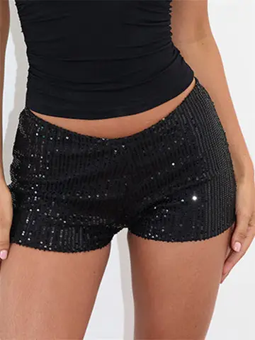 Women's Sequins Shorts Summer Low Rise Elastic Waistband Shorts Hot Streetwear