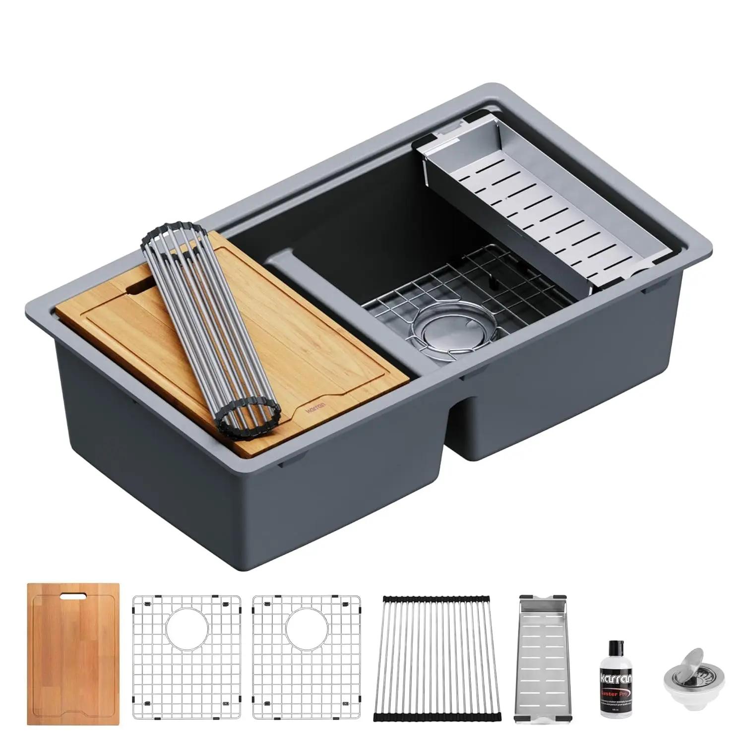 32.5" Grey Quartz Composite Undermount Double Bowl Workstation Kitchen Sink, 50/50 Chef Prep Station with Cutting, Customized
32.5" Grey Quartz Composite Undermount Double Bowl Workstation Kitchen Sink, 50/50 Chef Prep Station with Cutting, Customized