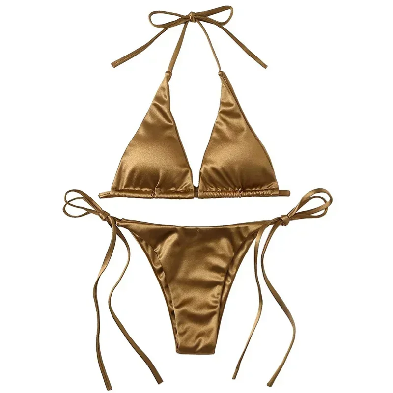 Sexy Women's Metallic Halter Top Two Piece Swimsuit Tie Side Triangle Bikini Summer Solid Bathing Suit Beachwear Bikini Set
Sexy Women's Metallic Halter Top Two Piece Swimsuit Tie Side Triangle Bikini Summer Solid Bathing Suit Beachwear Bikini Set