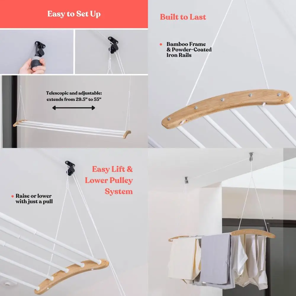 Space-Saving Ceiling-Mounted Laundry Drying Rack - Pulley System for Wooden and Metal Clothes Racks