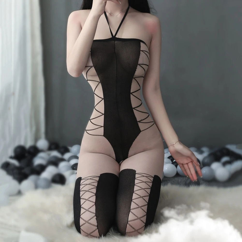 womens sexy lingerie featuring a transparent bodystocking design including suspenders and an open crotch cutout style
womens sexy lingerie featuring a transparent bodystocking design including suspenders and an open crotch cutout style
