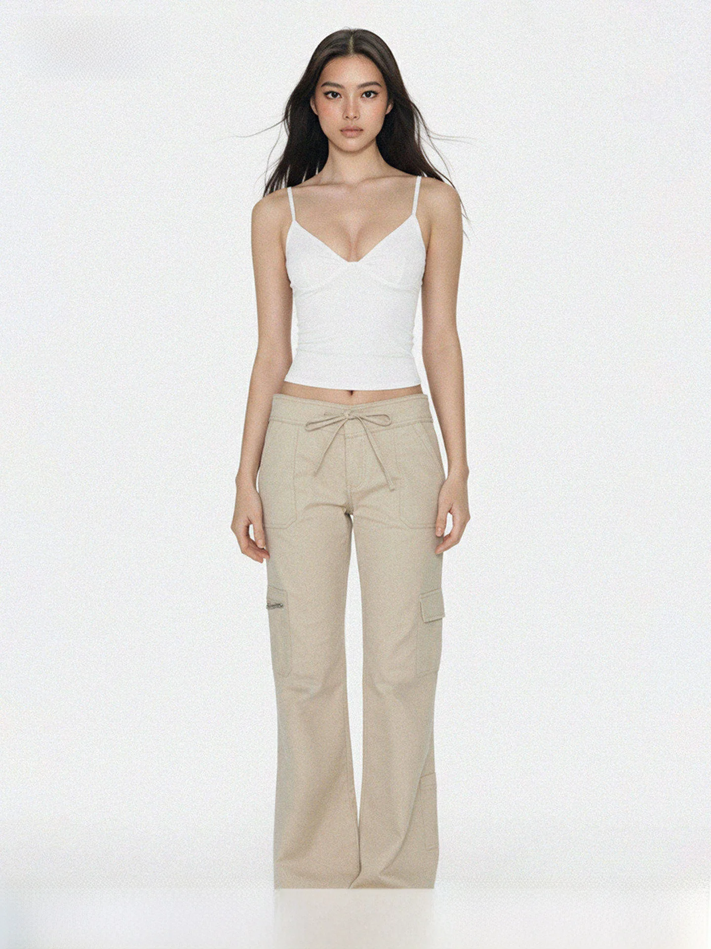 Khaki Color Multi-Pocket Drawstring Waist Basic Style Flared Pants Low Waist Slimming Workwear Long Trousers for Women
Khaki Color Multi-Pocket Drawstring Waist Basic Style Flared Pants Low Waist Slimming Workwear Long Trousers for Women