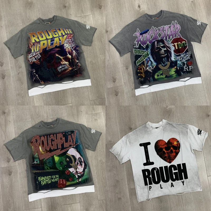 Splicing Damaged Rough Play T-shirt White Ink Direct Spray Print Breathable Comfort Diamond Trend Brand ROUGHPLAY Short Sleeve
Splicing Damaged Rough Play T-shirt White Ink Direct Spray Print Breathable Comfort Diamond Trend Brand ROUGHPLAY Short Sleeve