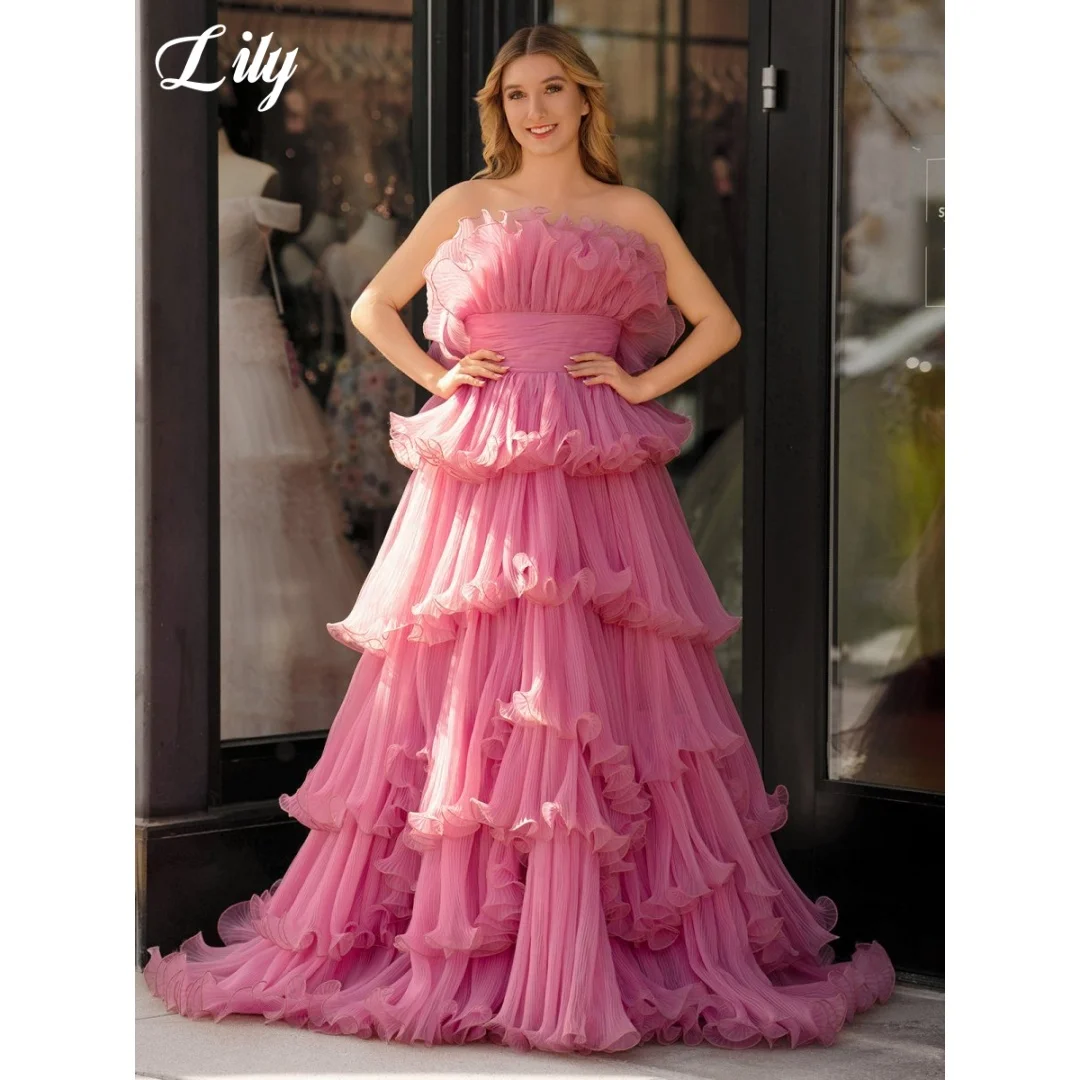 Lily Elegant Pink Prom Dress Strapless Ruffled Neck Evening Gown With Tiered Pleated Tulle Ball Gown For Women Colors Customized
Lily Elegant Pink Prom Dress Strapless Ruffled Neck Evening Gown With Tiered Pleated Tulle Ball Gown For Women Colors Customized