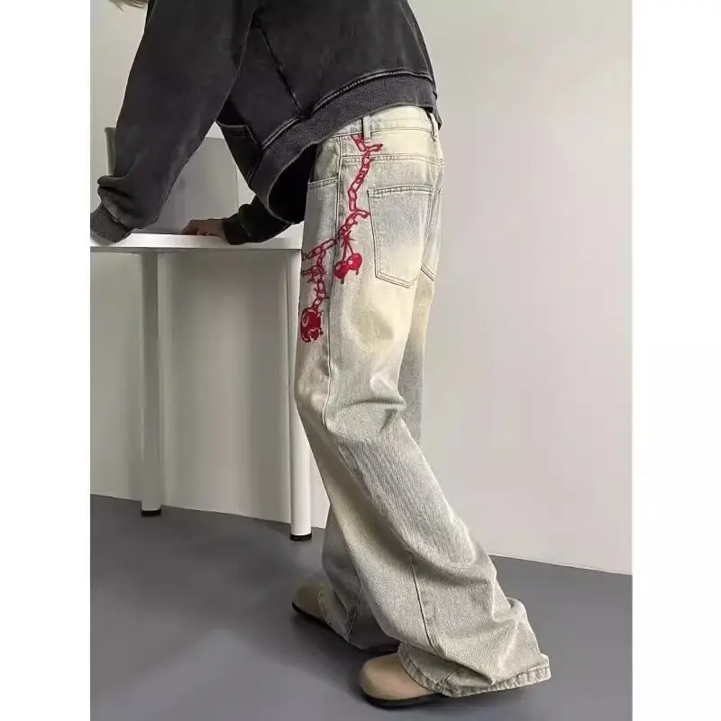 Washed distressed red chain jeans men's American vibe high street retro niche casual loose drape wide leg pants
Washed distressed red chain jeans men's American vibe high street retro niche casual loose drape wide leg pants