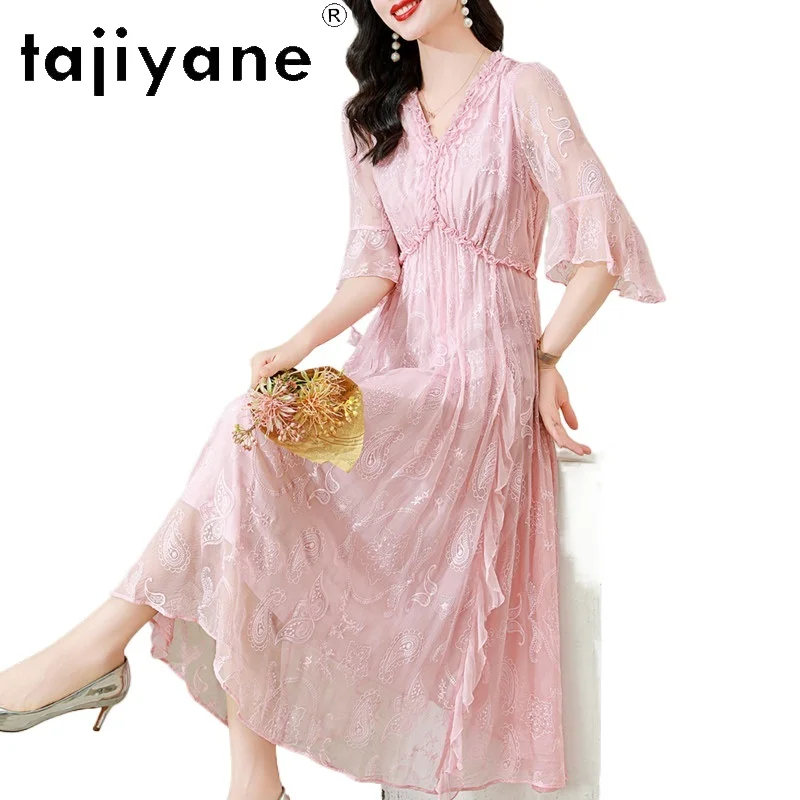 TAJIYANE 100% Шелковое летнее платье из тутового шелкопряда для женщин, элегантное длинное платье с рукавом до локтя, V-образным вырезом, розовое, для отпуска, 2026, женская одежда
TAJIYANE 100% Шелковое летнее платье из тутового шелкопряда для женщин, элегантное длинное платье с рукавом до локтя, V-образным вырезом, розовое, для отпуска, 2026, женская одежда