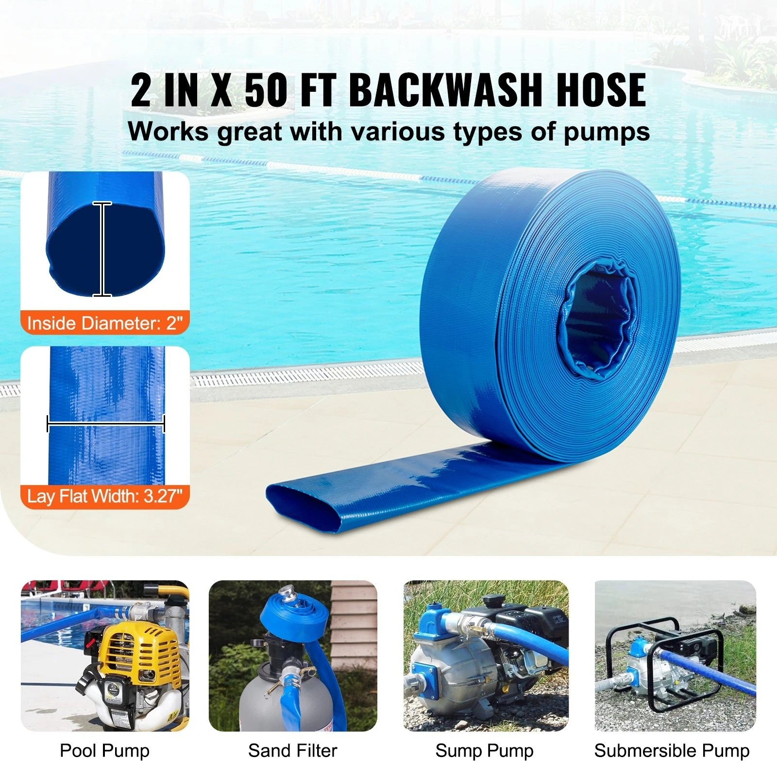 Backwash Hose, 2 In X 50 Ft, Heavy-Duty PVC Flat Pool Discharge Hose With Aluminum Camlock C & E Fittings, Clamps, Compatible With Pumps, Sand Filters, For Swimming Pools Waste Water Drain, Blue
Backwash Hose, 2 In X 50 Ft, Heavy-Duty PVC Flat Pool Discharge Hose With Aluminum Camlock C & E Fittings, Clamps, Compatible With Pumps, Sand Filters, For Swimming Pools Waste Water Drain, Blue