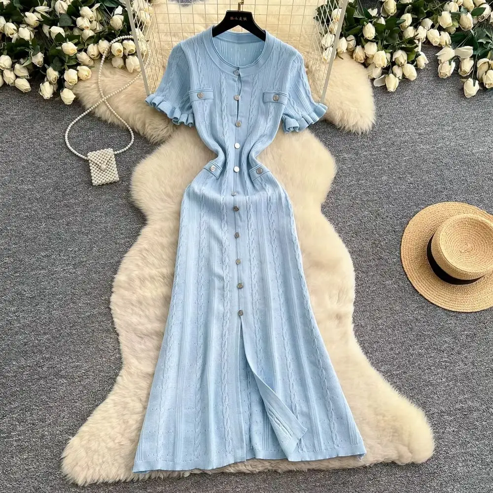 Summer Elegant Knitted Long Dress for Women Short Sleeve O Neck Button Detail Bodycon Style Single Breasted Female Party Vestido
Summer Elegant Knitted Long Dress for Women Short Sleeve O Neck Button Detail Bodycon Style Single Breasted Female Party Vestido