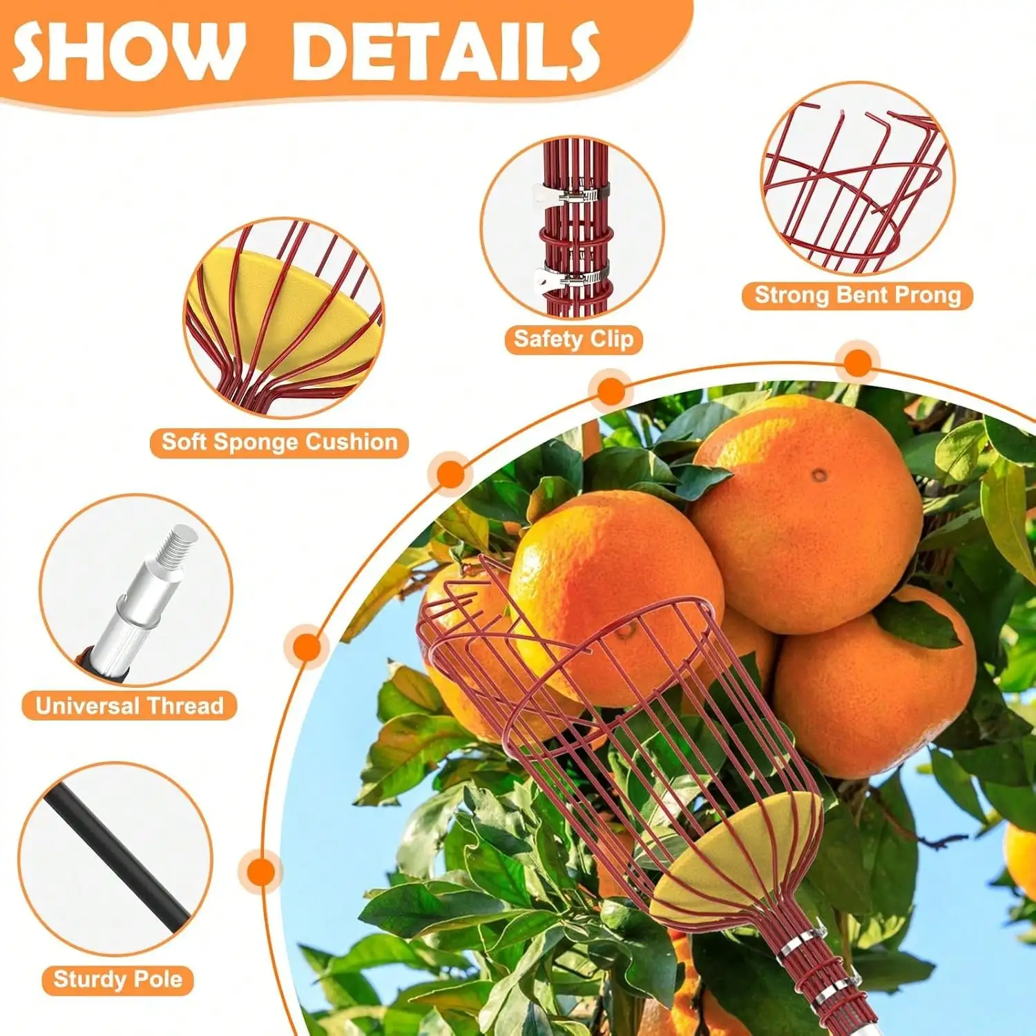 Aluminum Fruit Picker Pole With Telescoping Reach And Large Capacity Metal Basket, Adjustable Fruit Tree Picking Tool With Foam Protection Pad For Apple Orange Lemon Mango Avocado, Black
Aluminum Fruit Picker Pole With Telescoping Reach And Large Capacity Metal Basket, Adjustable Fruit Tree Picking Tool With Foam Protection Pad For Apple Orange Lemon Mango Avocado, Black
