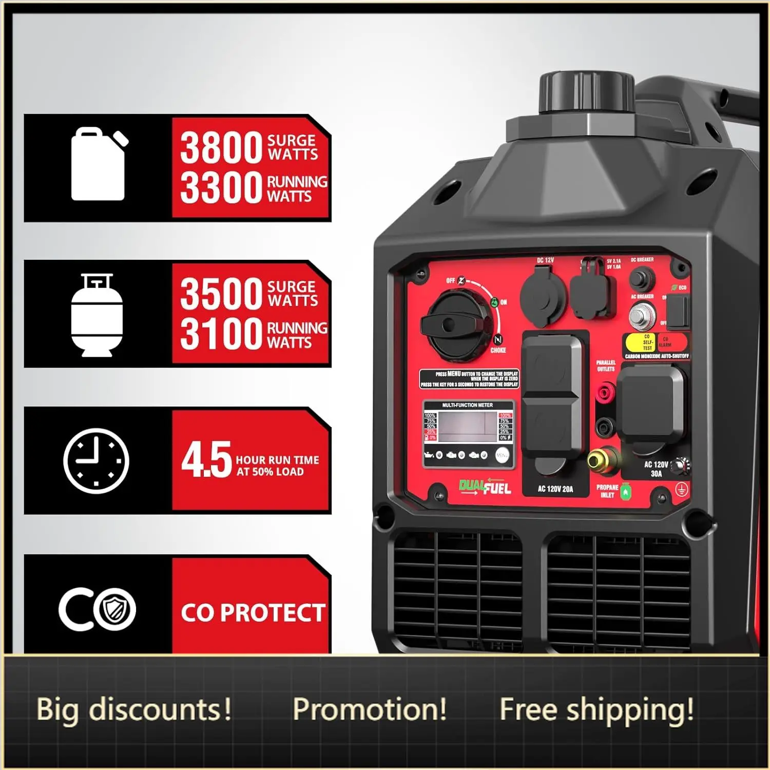3800 Watt Dual Fuel Inverter Generator, Quiet Portable Gas Propane Powered with CO Sensor and RV Ready Outlet, 149cc 4-Stroke OH
3800 Watt Dual Fuel Inverter Generator, Quiet Portable Gas Propane Powered with CO Sensor and RV Ready Outlet, 149cc 4-Stroke OH