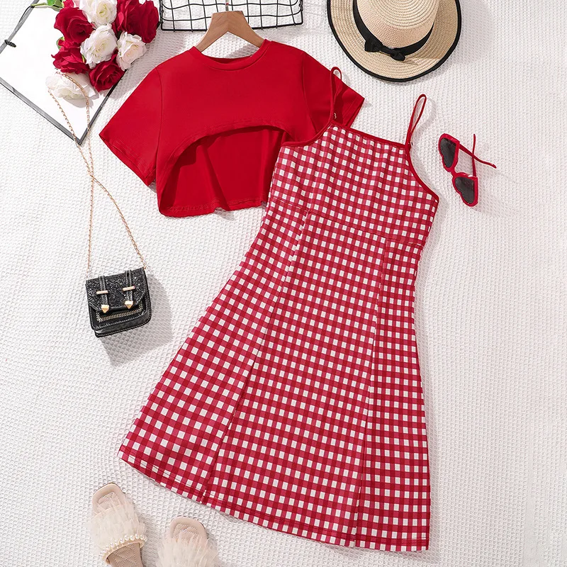 2025 Summer Child Clothes Sets Short Sleeve O Neck T-shirt Red Plaid Dress 2 Piece Sets Designer Girls Clothes Sets 8-12T
2025 Summer Child Clothes Sets Short Sleeve O Neck T-shirt Red Plaid Dress 2 Piece Sets Designer Girls Clothes Sets 8-12T