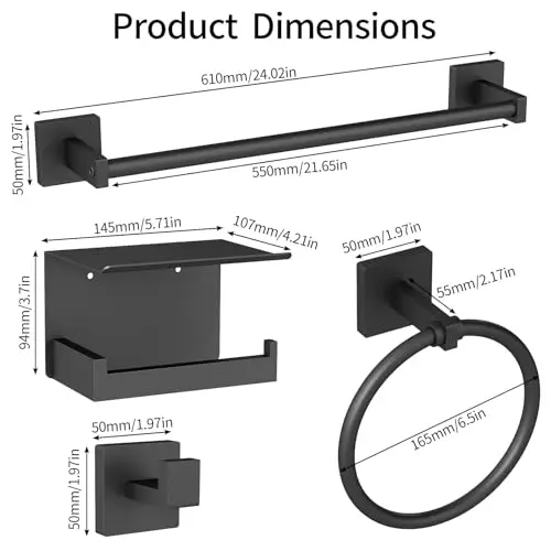 Black Stainless Steel 4-Piece Bathroom Set: 24 Inch Wall-Mounted Towel Bar, Round Ring, Hook, And Paper Holder With Shelf
Black Stainless Steel 4-Piece Bathroom Set: 24 Inch Wall-Mounted Towel Bar, Round Ring, Hook, And Paper Holder With Shelf