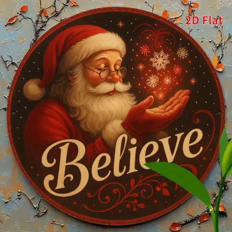 1 pezzo di Babbo Natale crede in sogni cartello rotondo - arte da parete natalizia vintage retrò con fiocchi di neve scintillanti e stelle, durevole 2D F