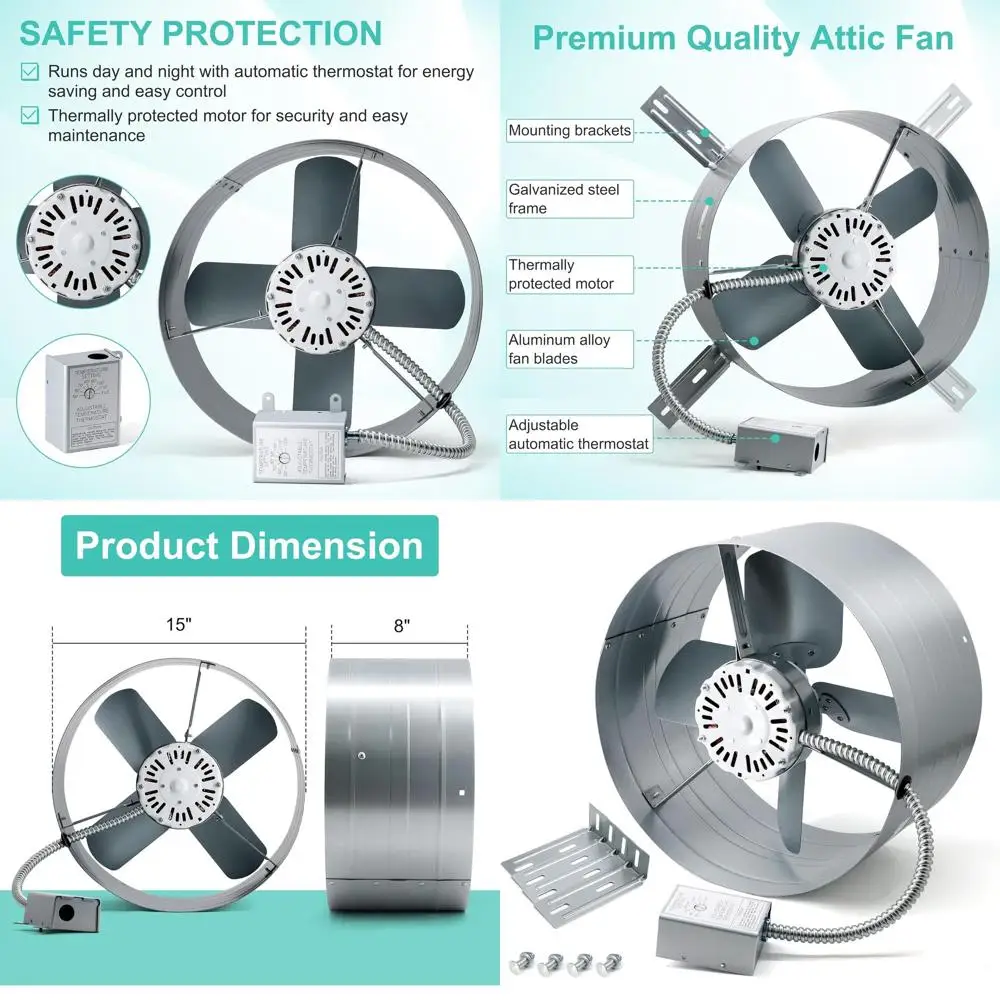 15 Inch Adjustable Attic Exhaust Fan with 1300 CFM, 1075 RPM, 3.4 Amps
15 Inch Adjustable Attic Exhaust Fan with 1300 CFM, 1075 RPM, 3.4 Amps