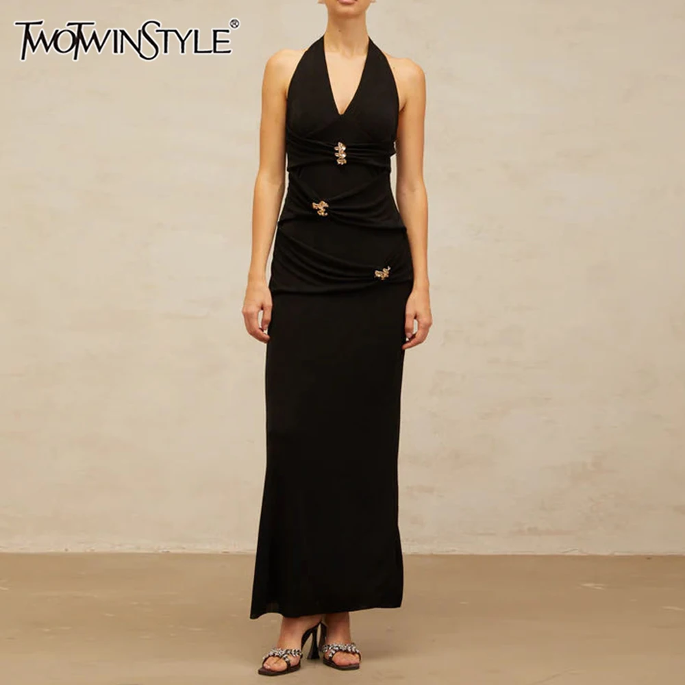 TWOTWINSTYLE Solid Slimming Fashion Midi Dresses for Women Halter Neck Sleeveless Patchwork Bead Elegant Dress Female Clothing
TWOTWINSTYLE Solid Slimming Fashion Midi Dresses for Women Halter Neck Sleeveless Patchwork Bead Elegant Dress Female Clothing