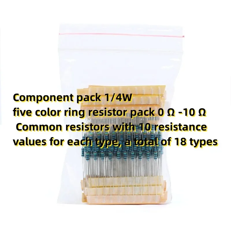 Component pack 1/4W five color ring resistor pack 0 Ω -10 Ω Common resistors with 10 resistance values for each type, a total of
Component pack 1/4W five color ring resistor pack 0 Ω -10 Ω Common resistors with 10 resistance values for each type, a total of