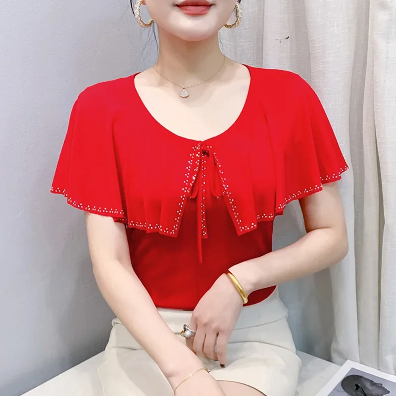 Elegant Slim O-Neck Hot Diamond Ruffles Mesh Tee M-3XL Solid Color Tops New 2025 Summer Short Sleeved Women's T-Shirt
Elegant Slim O-Neck Hot Diamond Ruffles Mesh Tee M-3XL Solid Color Tops New 2025 Summer Short Sleeved Women's T-Shirt