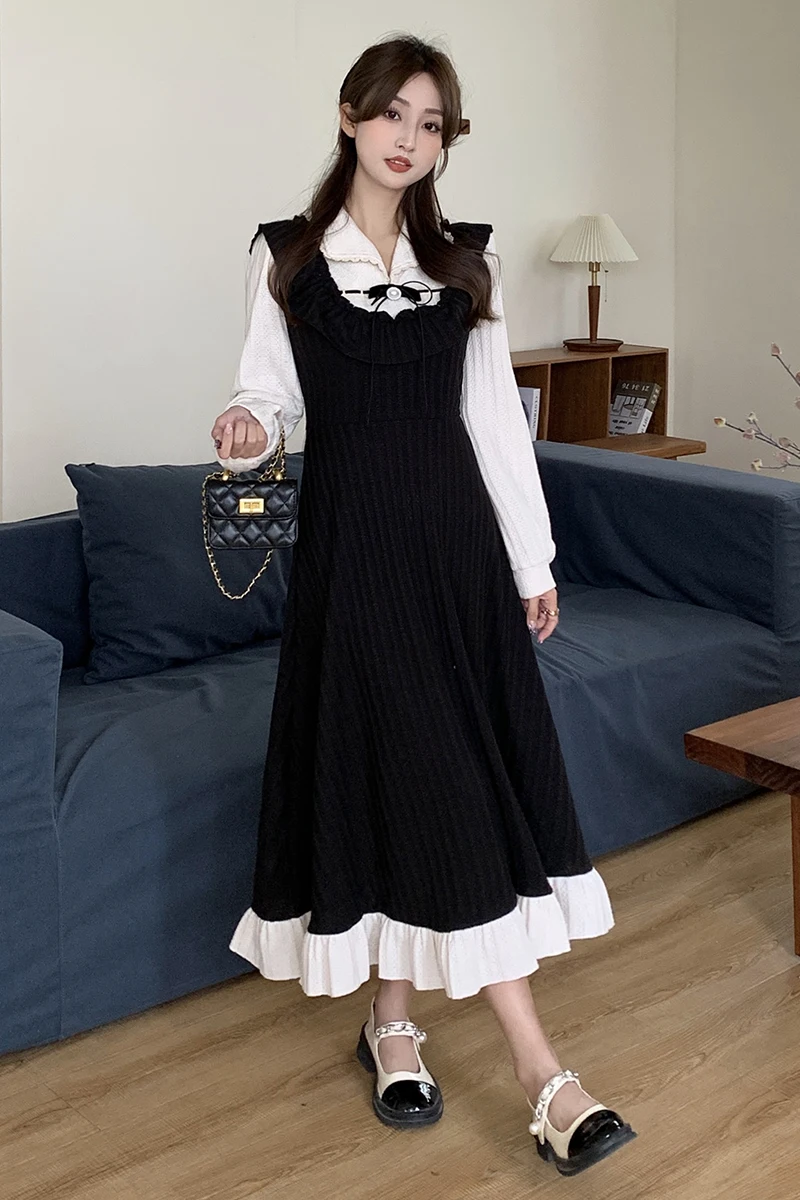 Elegant Cotton Dresses For Women Large Plus Size L-4XL Spring Autumn Female Doll Collar Long Sleeve Black Fake two piece Vestido
Elegant Cotton Dresses For Women Large Plus Size L-4XL Spring Autumn Female Doll Collar Long Sleeve Black Fake two piece Vestido