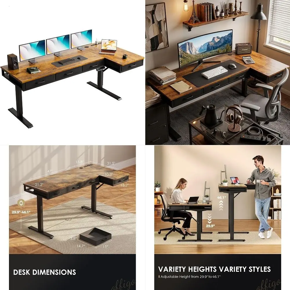 63 Inch L Shaped Electric Standing Desk with Drawers, Height Adjustable Large Desk with Power Outlets, Sit Stand Table, Writing
63 Inch L Shaped Electric Standing Desk with Drawers, Height Adjustable Large Desk with Power Outlets, Sit Stand Table, Writing