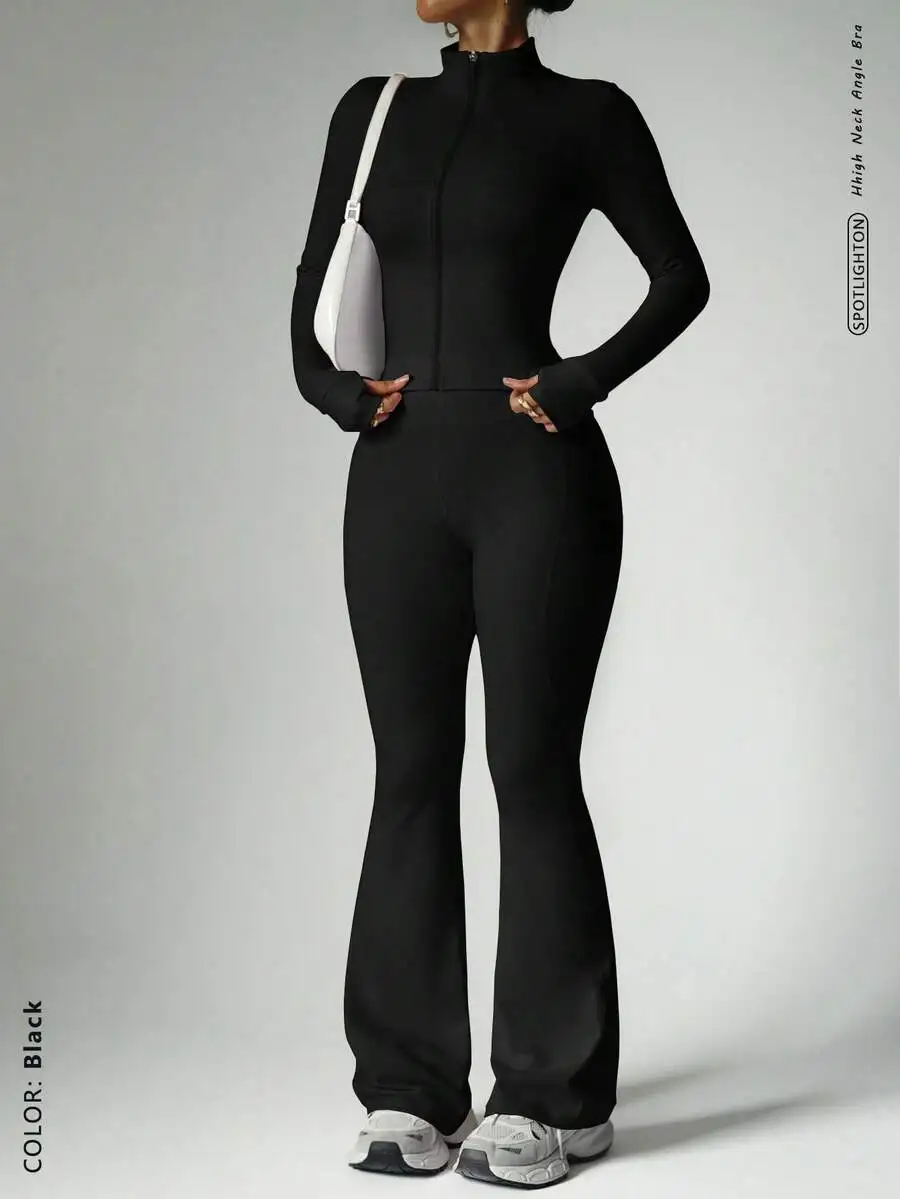 Women's 2Pcs Corset Zip Jacket & Flare Pants: Waist Cinching, Butt Lifting Fitness Set for Spring, Black
Women's 2Pcs Corset Zip Jacket & Flare Pants: Waist Cinching, Butt Lifting Fitness Set for Spring, Black