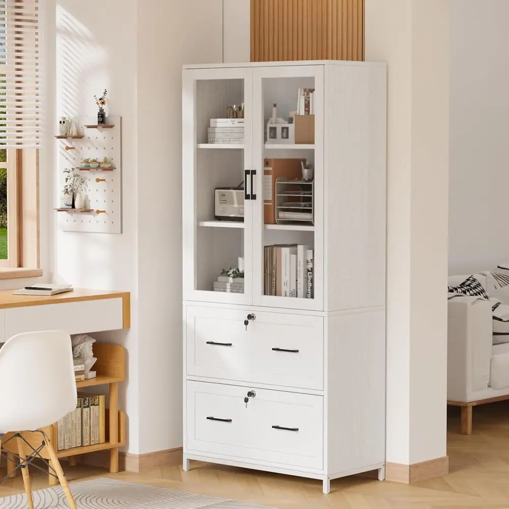 White 30W Glass Door Cabinet with 2 Locking Drawers, Adjustable Shelving for Home Office
White 30W Glass Door Cabinet with 2 Locking Drawers, Adjustable Shelving for Home Office