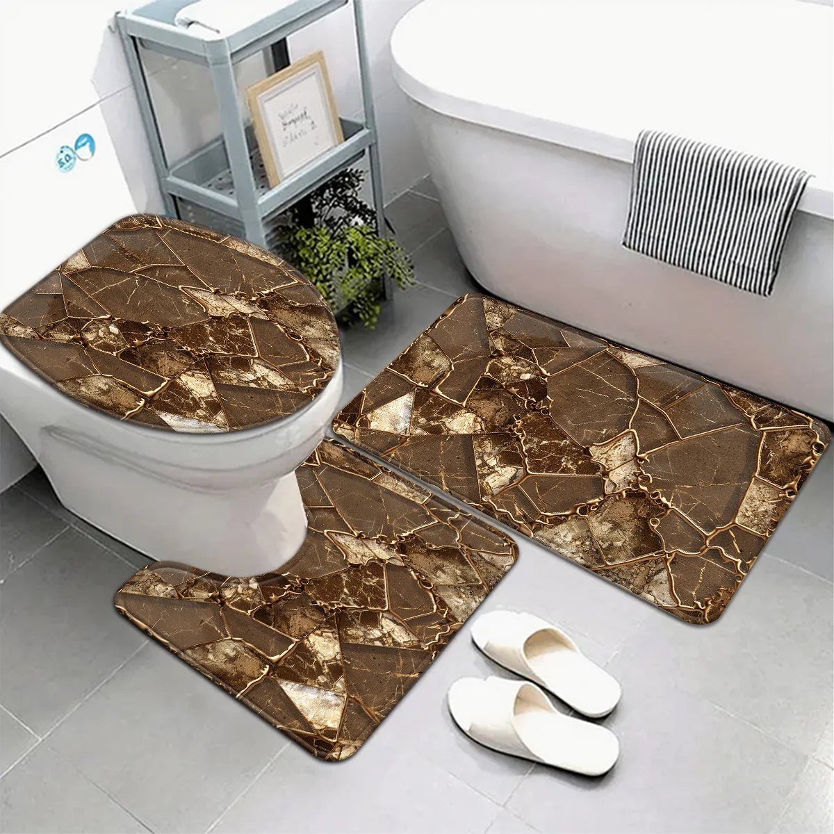 Metal Crackle Mosaic Bathroom Floor Mat Set 3pcs Vintage Luxury Style Non-Slip Absorbent Toilet Lid Cover and U-Shaped Rug
Metal Crackle Mosaic Bathroom Floor Mat Set 3pcs Vintage Luxury Style Non-Slip Absorbent Toilet Lid Cover and U-Shaped Rug