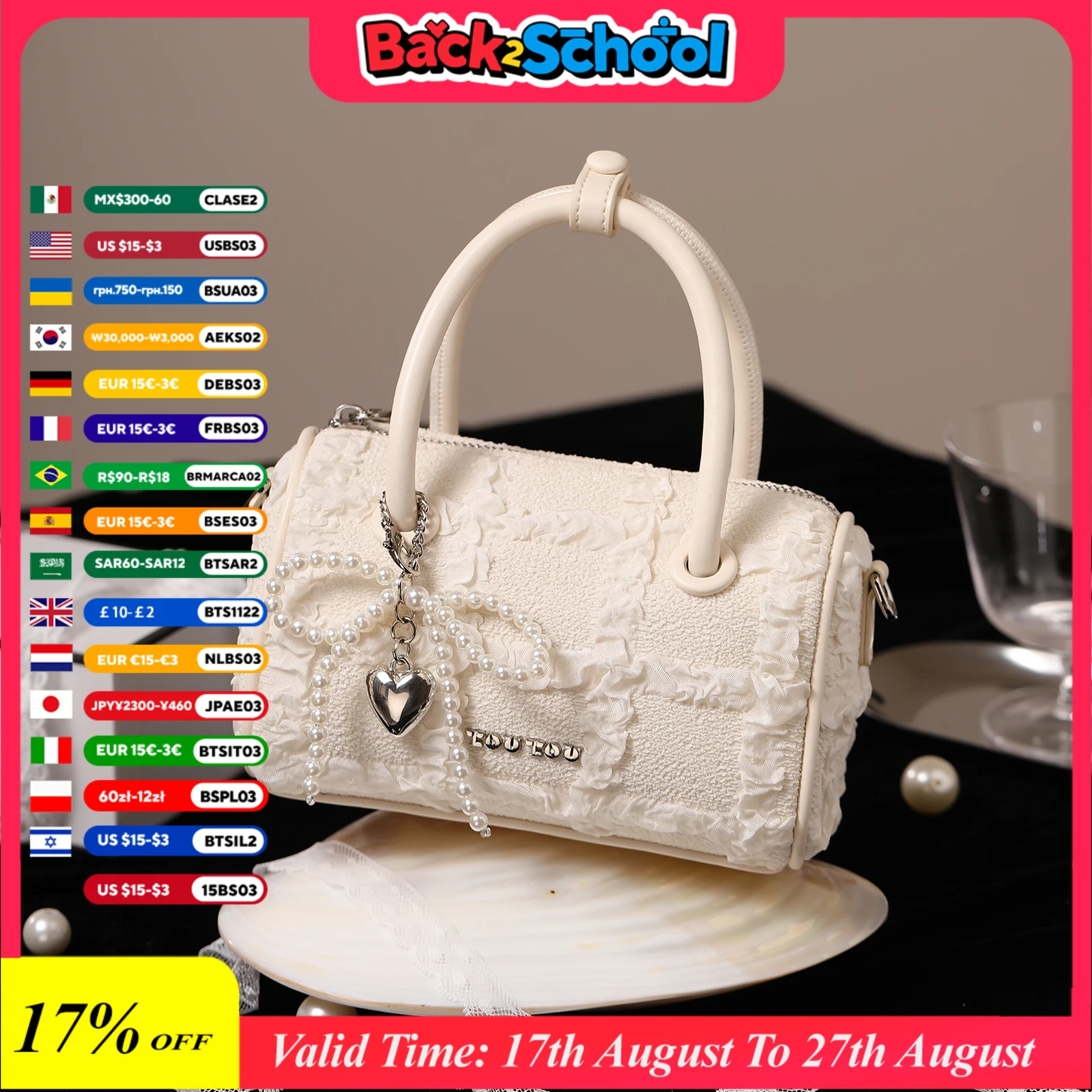 TOUTOU Women Boston Bowling Bag with Charm Back To School Gift Original Designer Mini White Handbag Adjustable Shoulder Strap
TOUTOU Women Boston Bowling Bag with Charm Back To School Gift Original Designer Mini White Handbag Adjustable Shoulder Strap
