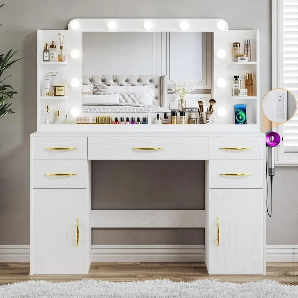 45.5"Makeup Vanity Desk, w/Mirror and Lights, Power Outlet Vanity Desk, with 5 Drawers, 2 Cabinets, Shelves for Bedroom
45.5"Makeup Vanity Desk, w/Mirror and Lights, Power Outlet Vanity Desk, with 5 Drawers, 2 Cabinets, Shelves for Bedroom
