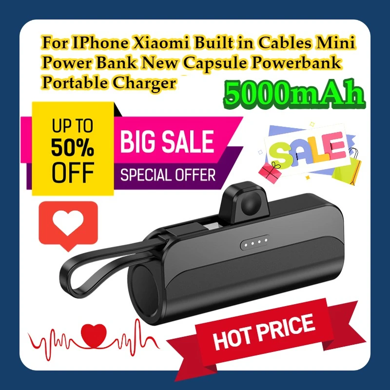For IPhone Xiaomi Built in Cables 5000mAh Mini Power Bank New Capsule Powerbank Portable Charger 
For IPhone Xiaomi Built in Cables 5000mAh Mini Power Bank New Capsule Powerbank Portable Charger