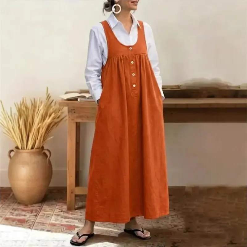Woman's Solid Strap Dress Summer Fashion Button Design Loose A-line Dresses With Pocket Ladies Foreign Style Vacation Vestidos
Woman's Solid Strap Dress Summer Fashion Button Design Loose A-line Dresses With Pocket Ladies Foreign Style Vacation Vestidos