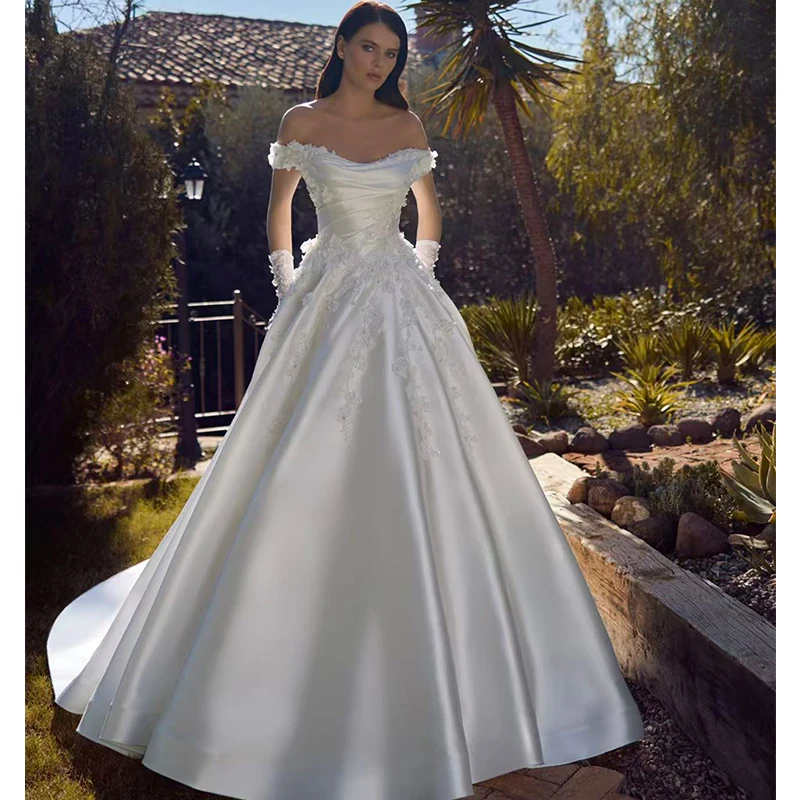 Elegant Wedding Dress Satin With 3d Flower A-Line Ball Gown Sleeveless Boat Neck Customized Bride Dress Lace Up Vestido De Novia
Elegant Wedding Dress Satin With 3d Flower A-Line Ball Gown Sleeveless Boat Neck Customized Bride Dress Lace Up Vestido De Novia
