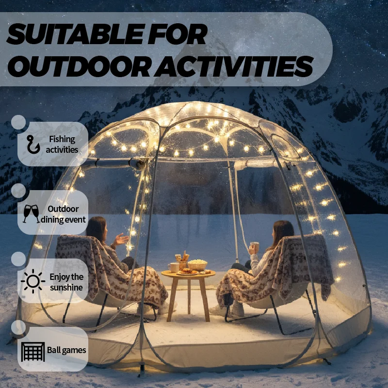 Quick-Set Bubble Tent Camping Pod Windproof Cold-Resistant PVC Outdoor Shelter with String Lights for Nighttime Ambiance
Quick-Set Bubble Tent Camping Pod Windproof Cold-Resistant PVC Outdoor Shelter with String Lights for Nighttime Ambiance