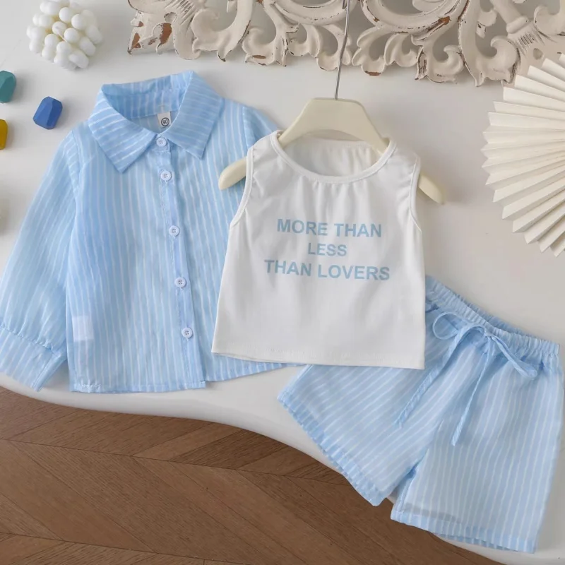 Girls' Sun Protection Clothing Set2026Summer new style baby girl long-sleeve shirt, letter print vest, shorts three-piece set tr
Girls' Sun Protection Clothing Set2026Summer new style baby girl long-sleeve shirt, letter print vest, shorts three-piece set tr