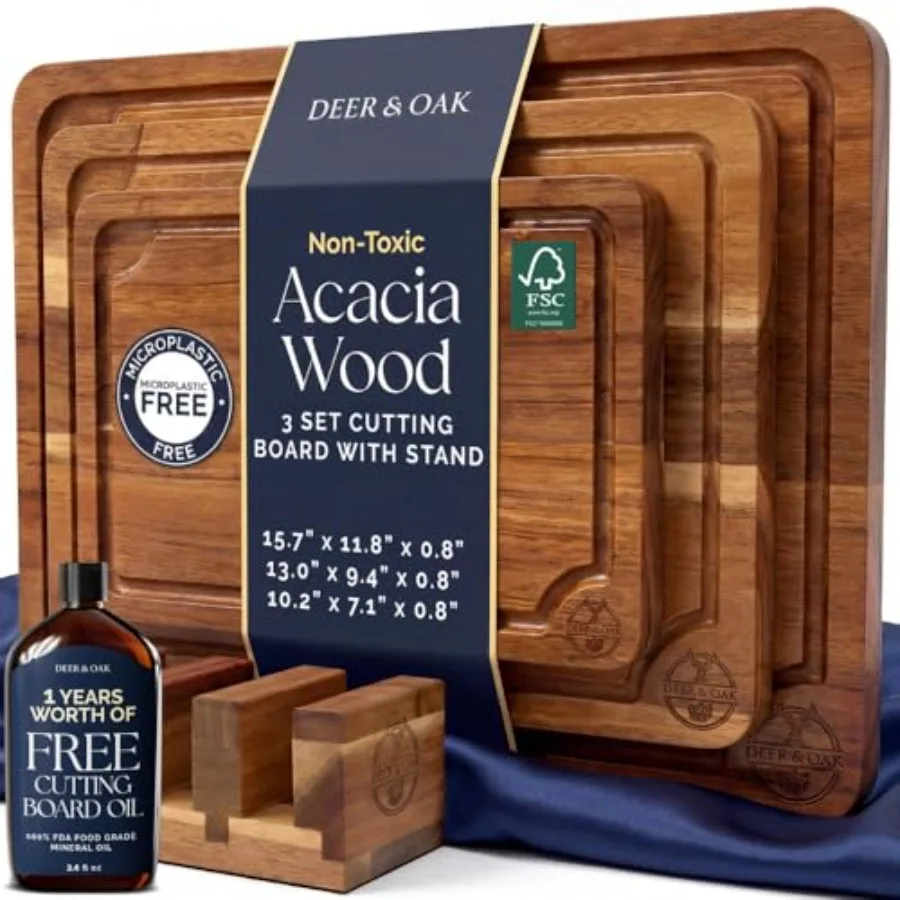Pre-Oiled, Non Toxic 3-Piece Acacia Cutting Board Set with Stand, FSC Certified Wooden Chopping Boards, Includes 3.4 fl oz Chop
Pre-Oiled, Non Toxic 3-Piece Acacia Cutting Board Set with Stand, FSC Certified Wooden Chopping Boards, Includes 3.4 fl oz Chop