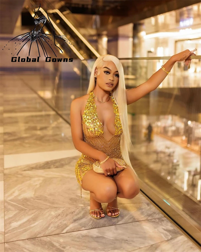 Sparkly Gold Halter Prom Dresses Short Bead Crystal Rhinestone Homecoming Dress Black Girls Mermaid Formal Gowns Customized
Sparkly Gold Halter Prom Dresses Short Bead Crystal Rhinestone Homecoming Dress Black Girls Mermaid Formal Gowns Customized