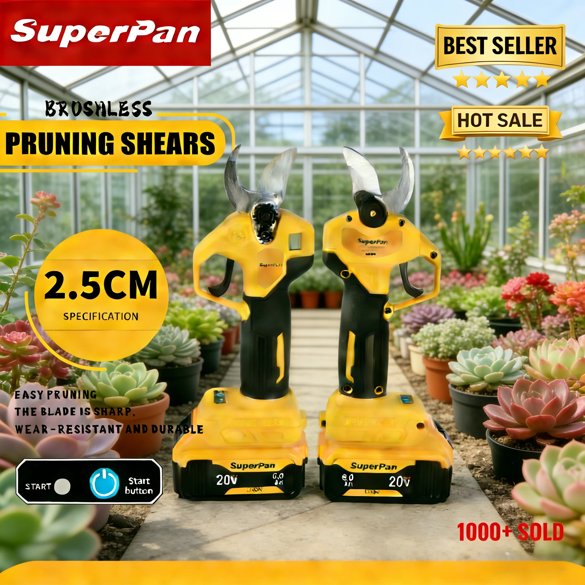 Садовые ножницы SuperPan 20V 6.0Ah, диаметр реза 25 мм, 120 срезов/мин, для домашнего сада и флористики, совместимы с аккумулятором DeWalt 20V.
Садовые ножницы SuperPan 20V 6.0Ah, диаметр реза 25 мм, 120 срезов/мин, для домашнего сада и флористики, совместимы с аккумулятором DeWalt 20V.