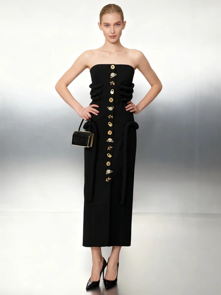 Sexy Strapless Metal Buttons Design Long Dress Women Black Sleeveless Single Breasted Draped Slim Dresses Evening Party Gowns
Sexy Strapless Metal Buttons Design Long Dress Women Black Sleeveless Single Breasted Draped Slim Dresses Evening Party Gowns