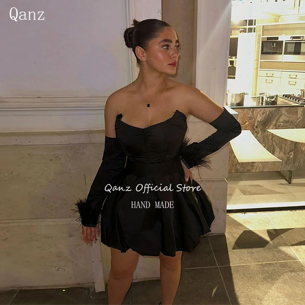 Qanz Feathers Long Sleeves Prom Dresses Black Satin Short A Line Bridesmaid Dresses Luxury Corset Special Party Gown Customized
Qanz Feathers Long Sleeves Prom Dresses Black Satin Short A Line Bridesmaid Dresses Luxury Corset Special Party Gown Customized