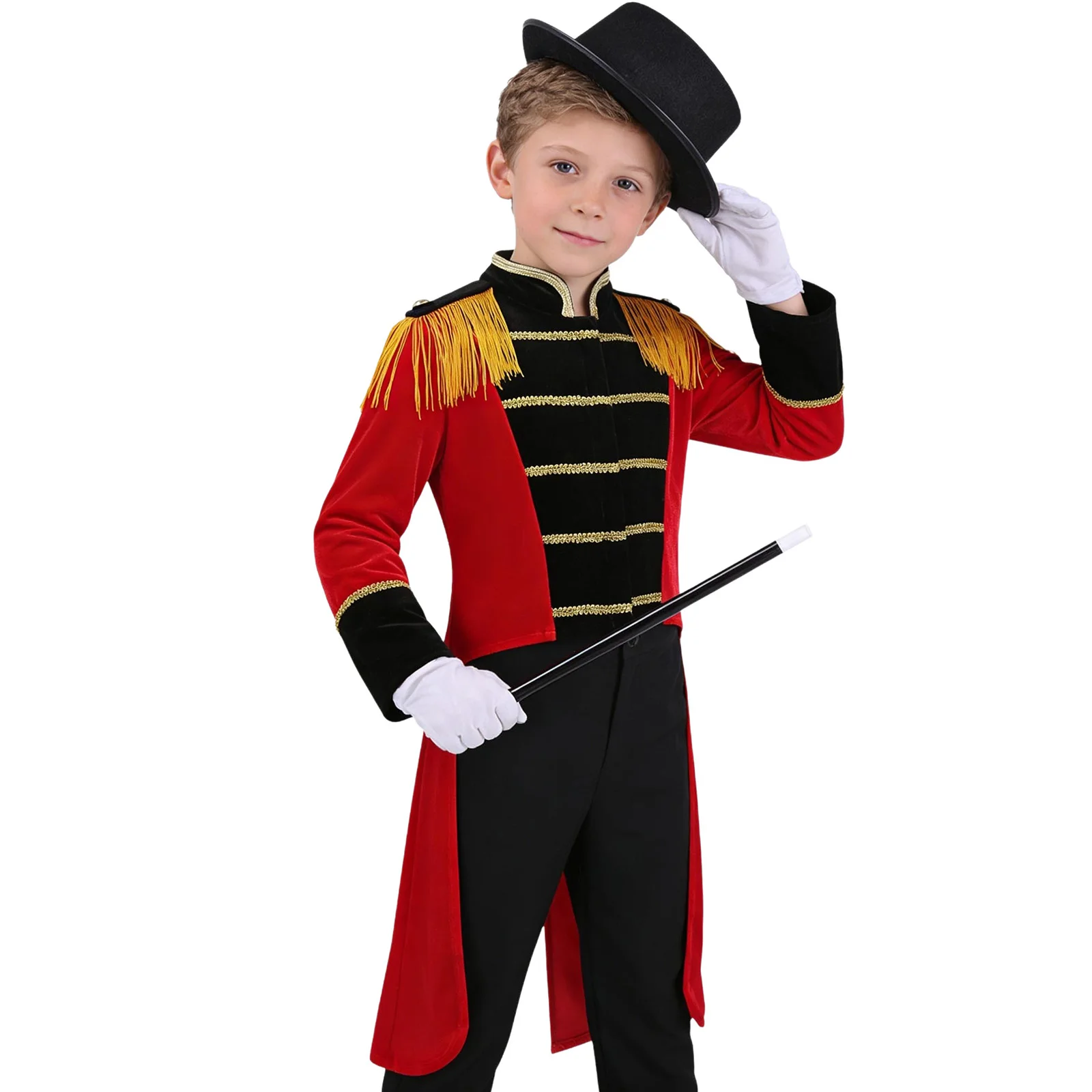 Kids Boy Circus Ringmaster Costume Set Long Sleeve Tassel Tailcoat with Hat Magic Wand Gloves Carnival Halloween Cosplay Outfit
Kids Boy Circus Ringmaster Costume Set Long Sleeve Tassel Tailcoat with Hat Magic Wand Gloves Carnival Halloween Cosplay Outfit