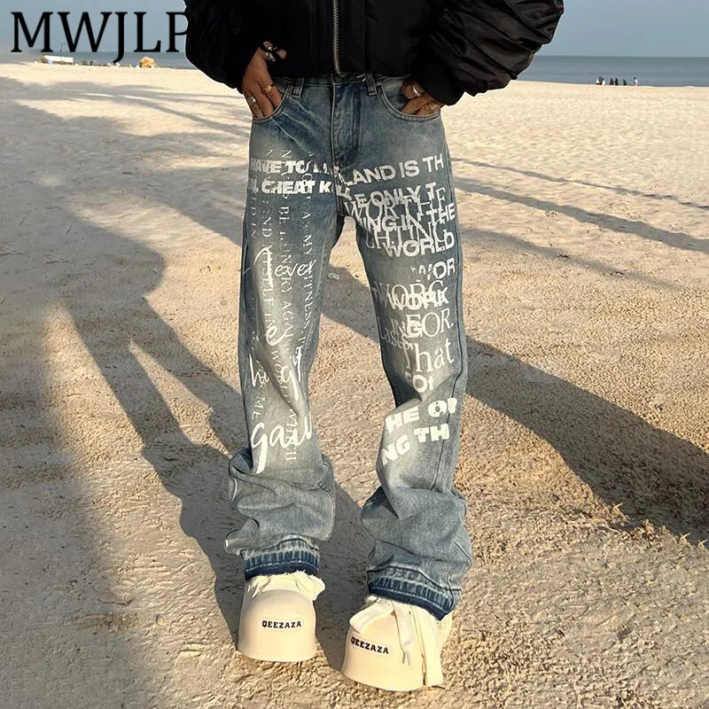 MWJLPWQ American Style Letter Printed Washed Vintage High Street Flared Jeans Unisex Slimming Male Autumn Straight Pants 12521
MWJLPWQ American Style Letter Printed Washed Vintage High Street Flared Jeans Unisex Slimming Male Autumn Straight Pants 12521