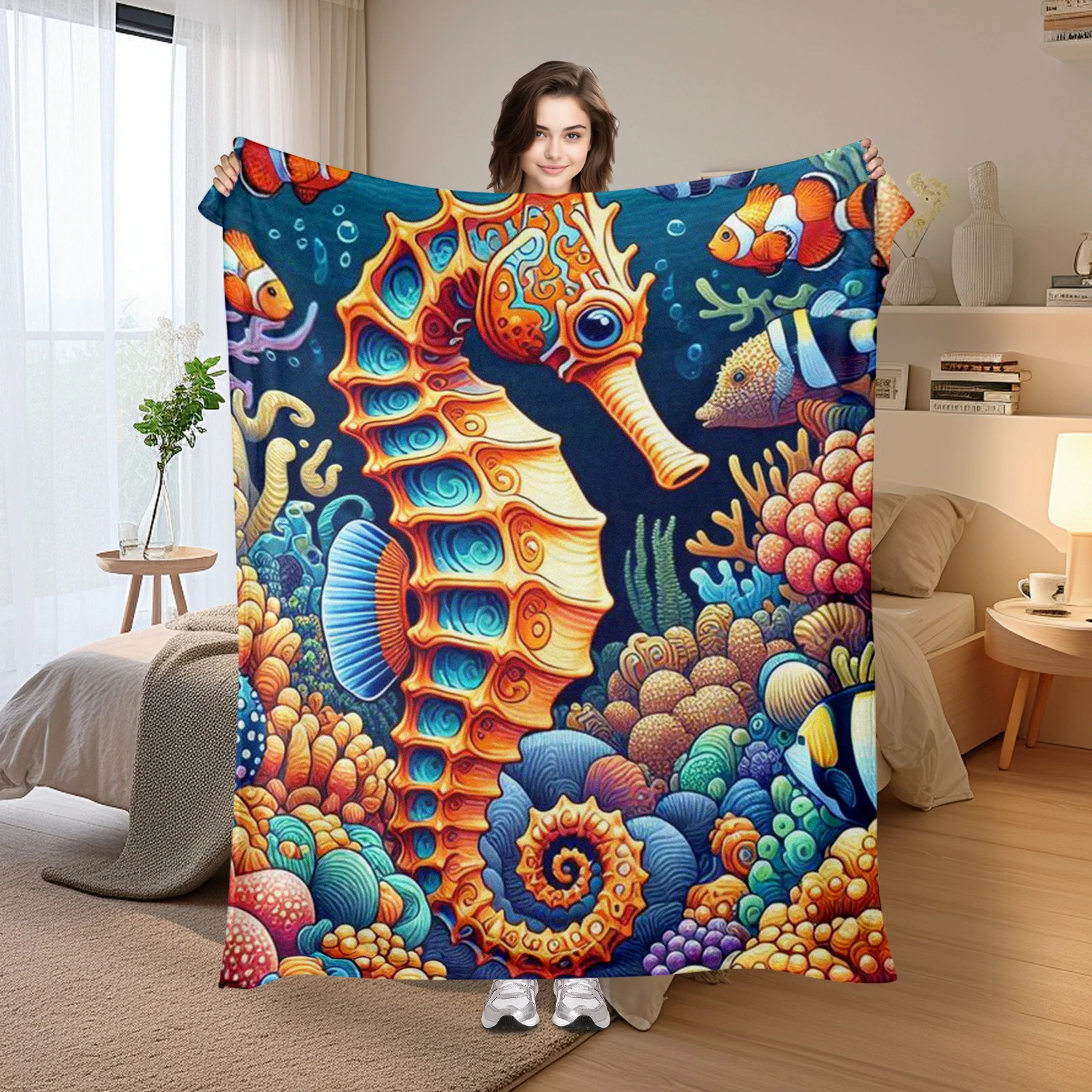 Seahorse Fish And Seaweed Themed Blanket In Orange Tones For A Warm And Marine Inspired Home Decor Accent Piece
Seahorse Fish And Seaweed Themed Blanket In Orange Tones For A Warm And Marine Inspired Home Decor Accent Piece