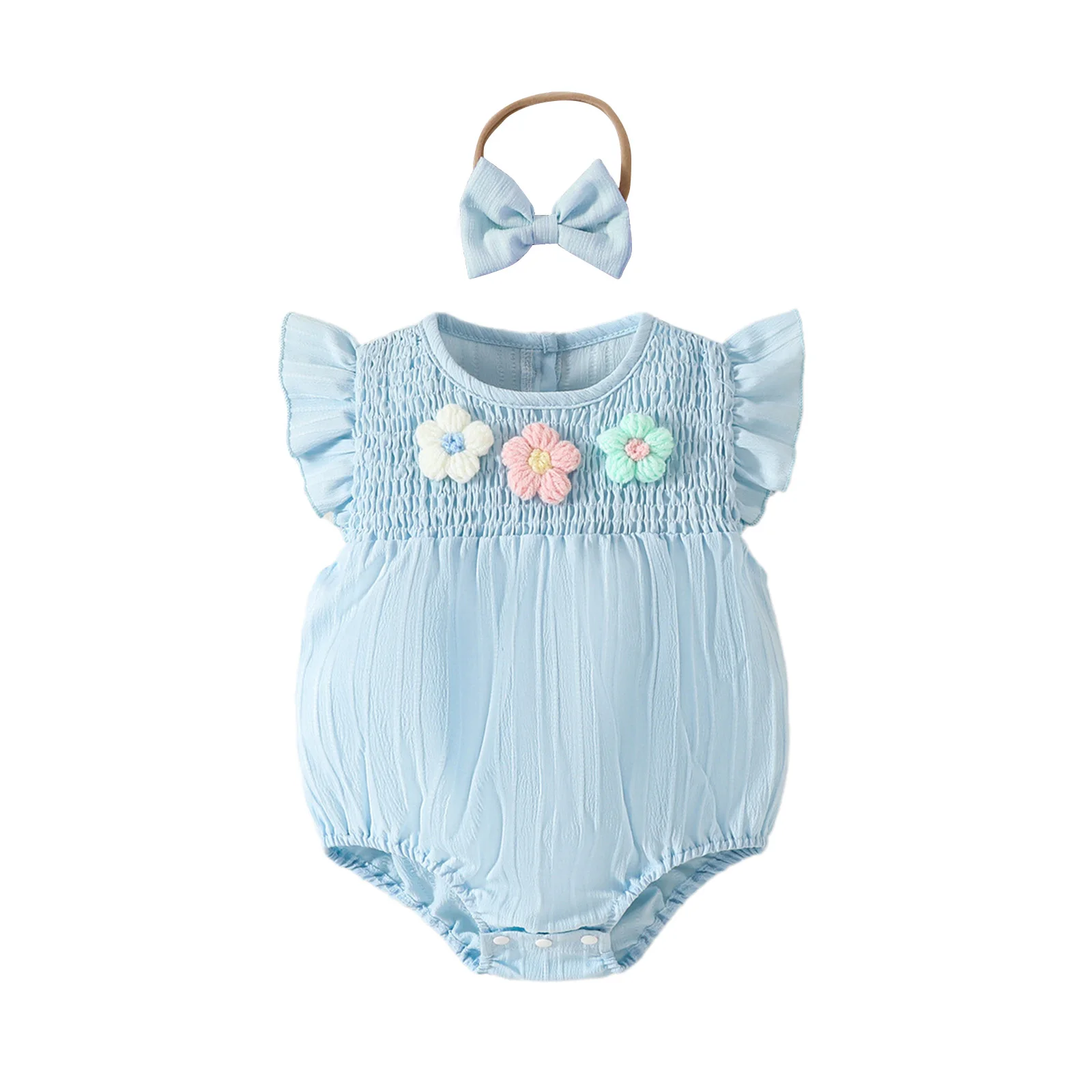 Infant Baby Girls Sweet Jumpsuit Round Collar Fly Sleeves 3D Knit Floral Romper with Bowknot Headband for Daily Play Wear Party
Infant Baby Girls Sweet Jumpsuit Round Collar Fly Sleeves 3D Knit Floral Romper with Bowknot Headband for Daily Play Wear Party