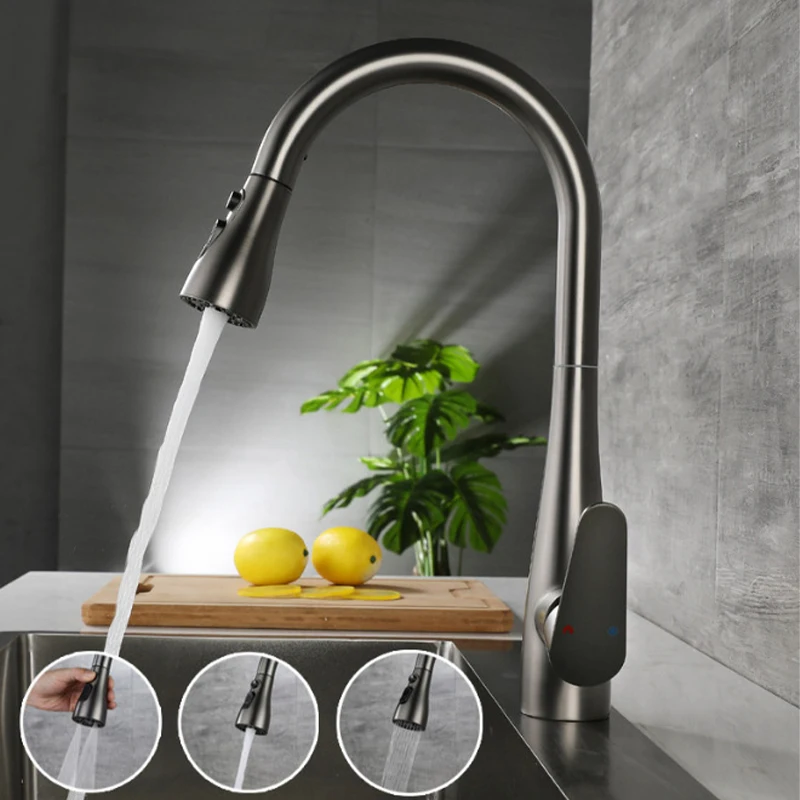 Высококачественный бронзово-серый кухонный смеситель, выдвижной, вращающийся для горячей и холодной воды, три типа розетки для воды, смеситель для кухонной мойки
Высококачественный бронзово-серый кухонный смеситель, выдвижной, вращающийся для горячей и холодной воды, три типа розетки для воды, смеситель для кухонной мойки