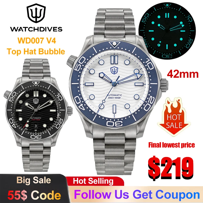 Watchdives WD007 V4 Mechanical Watch 42mm Grade 2 Titanium Top Hat Bubble Sapphire Crystal Men Watch PT5000 Automatic Dive Watch
Watchdives WD007 V4 Mechanical Watch 42mm Grade 2 Titanium Top Hat Bubble Sapphire Crystal Men Watch PT5000 Automatic Dive Watch