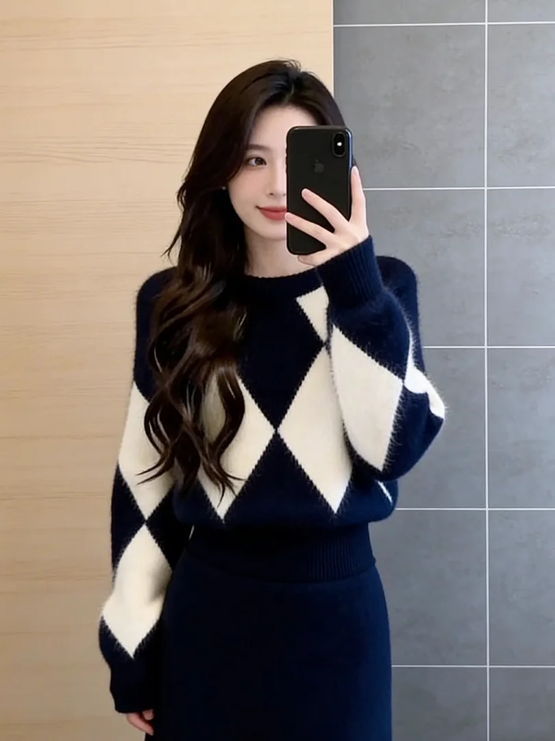 Soft Wind Indigo Knitted Set Long Sve Diamond Pattern Two Piece Suite Vintage Elegance Long Dr Godd Sle Casual Wear
Soft Wind Indigo Knitted Set Long Sve Diamond Pattern Two Piece Suite Vintage Elegance Long Dr Godd Sle Casual Wear